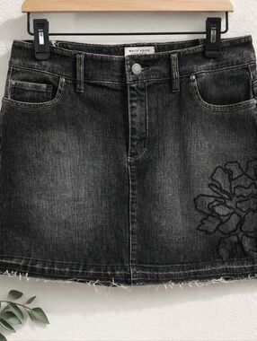 WHBM Y2K Black Distressed Denim Jean Miniskirt Size 12